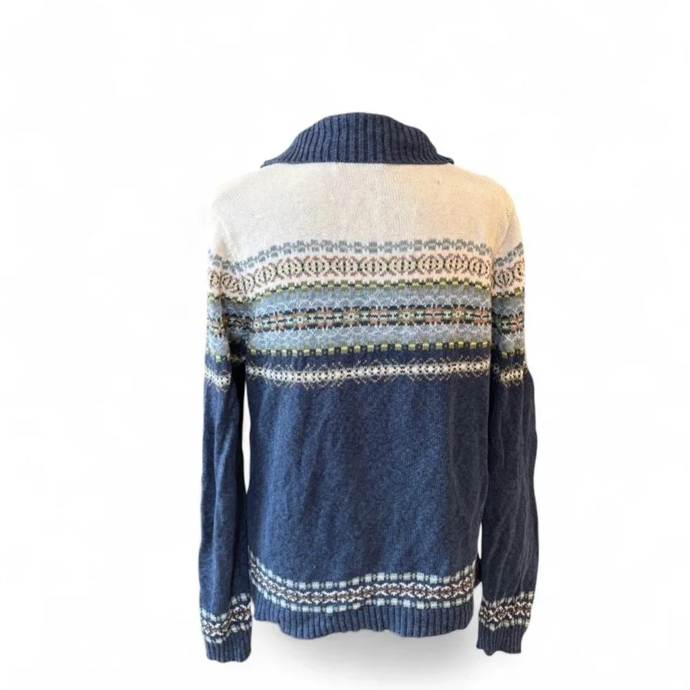 Vintage Cotton Fair Isle Nordic Cardigan Blue Cream Zip‎ Front Cabin Sweater